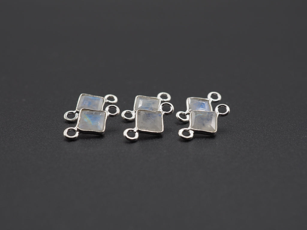 Rainbow Moonstone Silver Bezel 5x5 mm, Double Connector, Moonstone Connector, (GTG-SBM-14)
