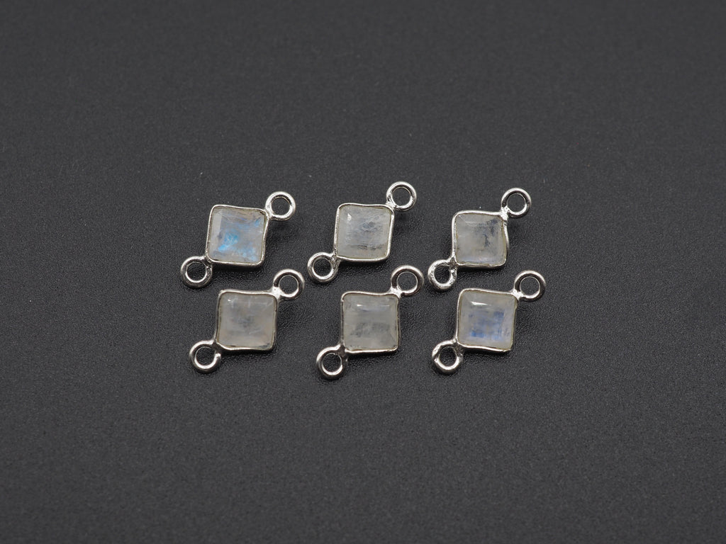 Rainbow Moonstone Silver Bezel 5x5 mm, Double Connector, Moonstone Connector, (GTG-SBM-14)