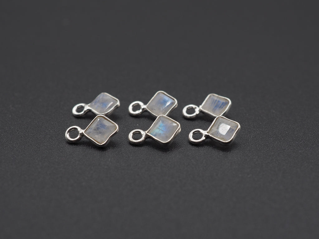 Rainbow Moonstone Silver Bezel 4x4 mm, Single Connector, Moonstone Connector, (GTG-SBM-6)
