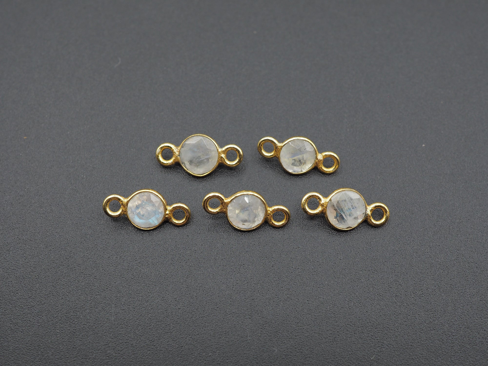 Rainbow Moonstone 18K Gold Filled Bezel 5 mm, Double Connector, Moonstone Charm