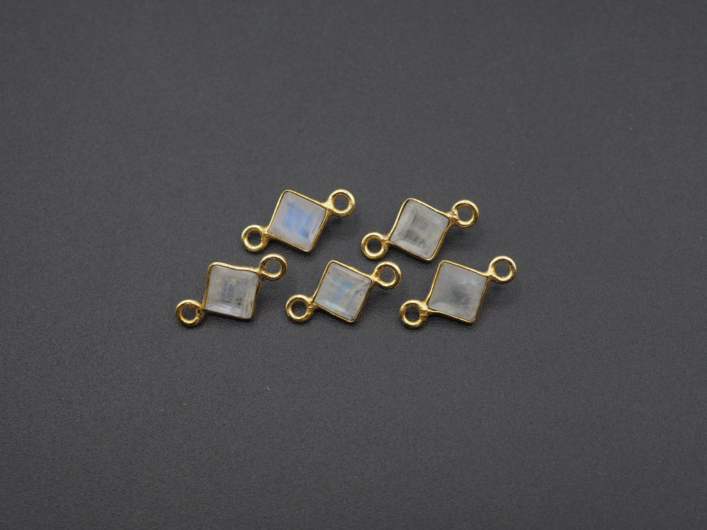 Rainbow Moonstone 18K Gold Filled Bezel 5x5 mm, Double Connector, Moonstone Charm