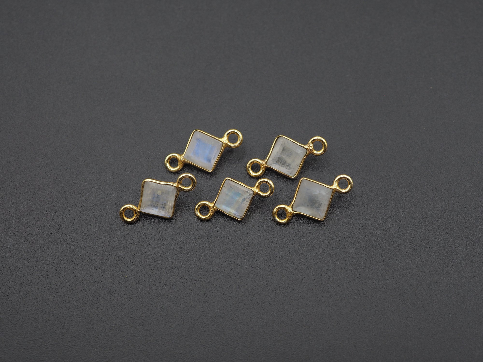 Rainbow Moonstone 18K Gold Filled Bezel 5x5 mm, Double Connector, Moonstone Charm