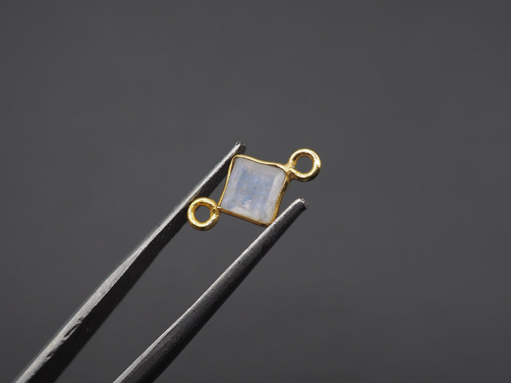 Rainbow Moonstone 18K Gold Filled Bezel 5x5 mm, Double Connector, Moonstone Charm