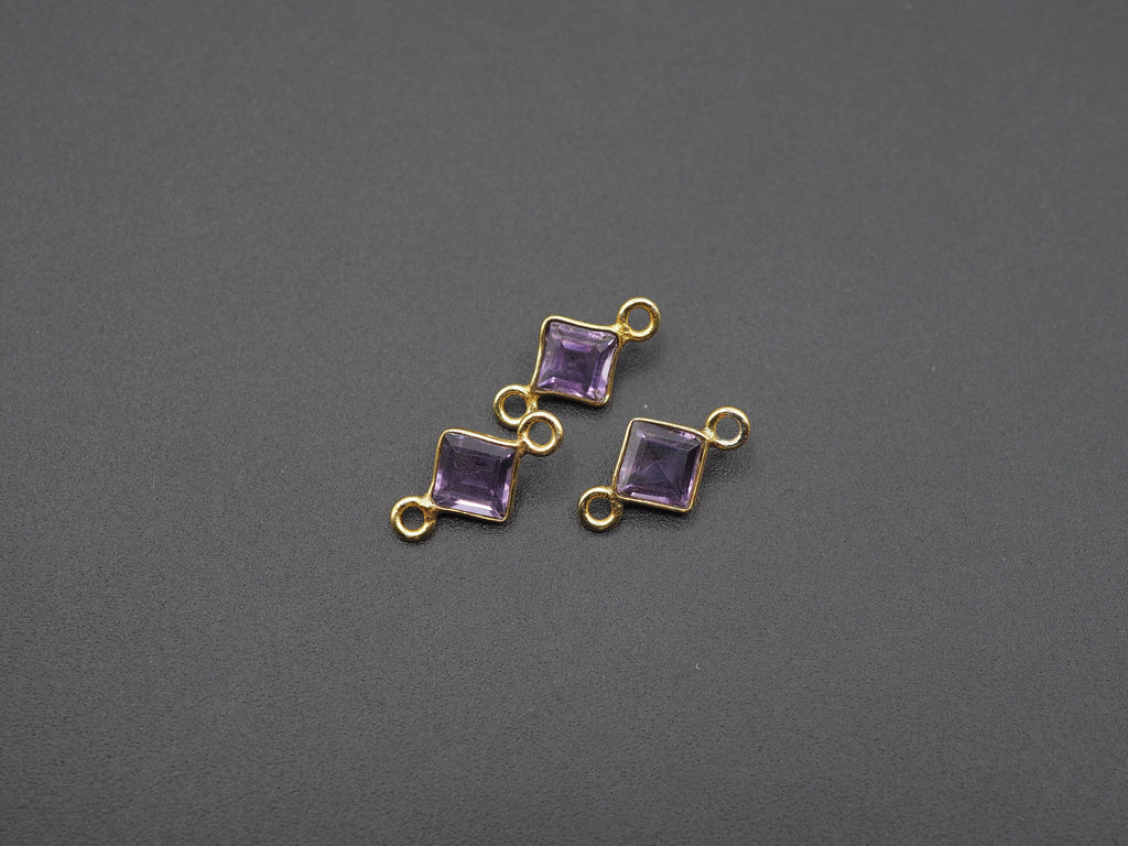 Amethyst 18K Gold Filled Bezel 5x5 mm, Double Connector, Amethyst Charm