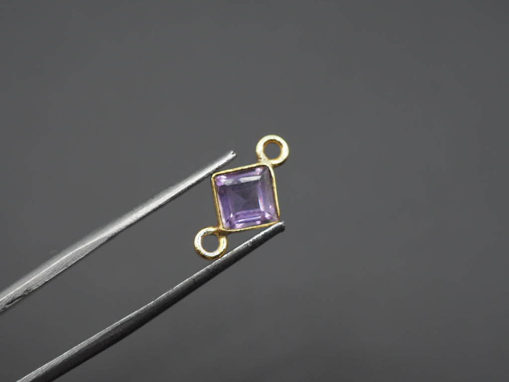 Amethyst 18K Gold Filled Bezel 5x5 mm, Double Connector, Amethyst Charm