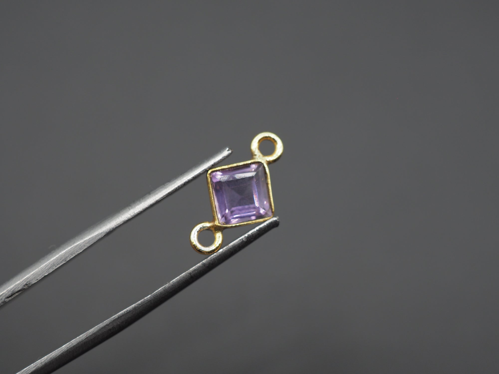 Amethyst 18K Gold Filled Bezel 5x5 mm, Double Connector, Amethyst Charm