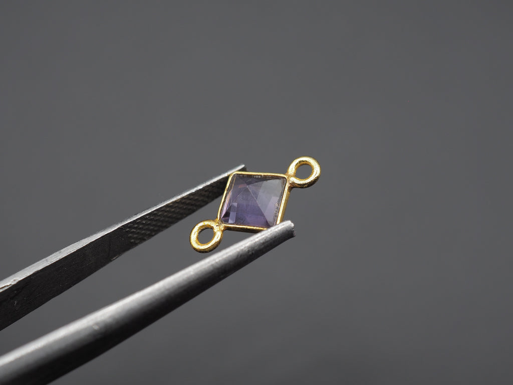 Amethyst 18K Gold Filled Bezel 5x5 mm, Double Connector, Amethyst Charm