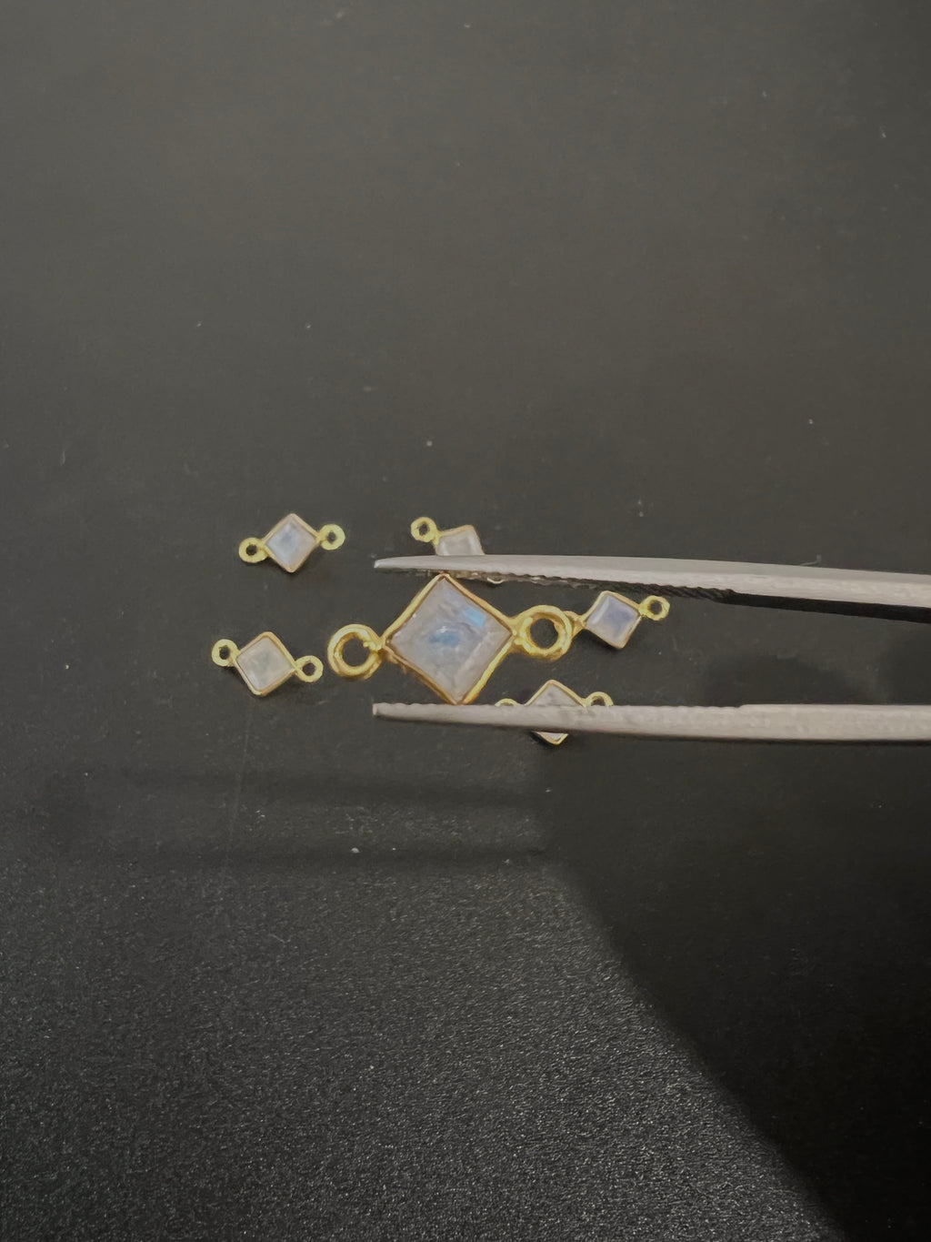Rainbow Moonstone 18K Gold Filled Bezel 5x5 mm, Double Connector, Moonstone Charm