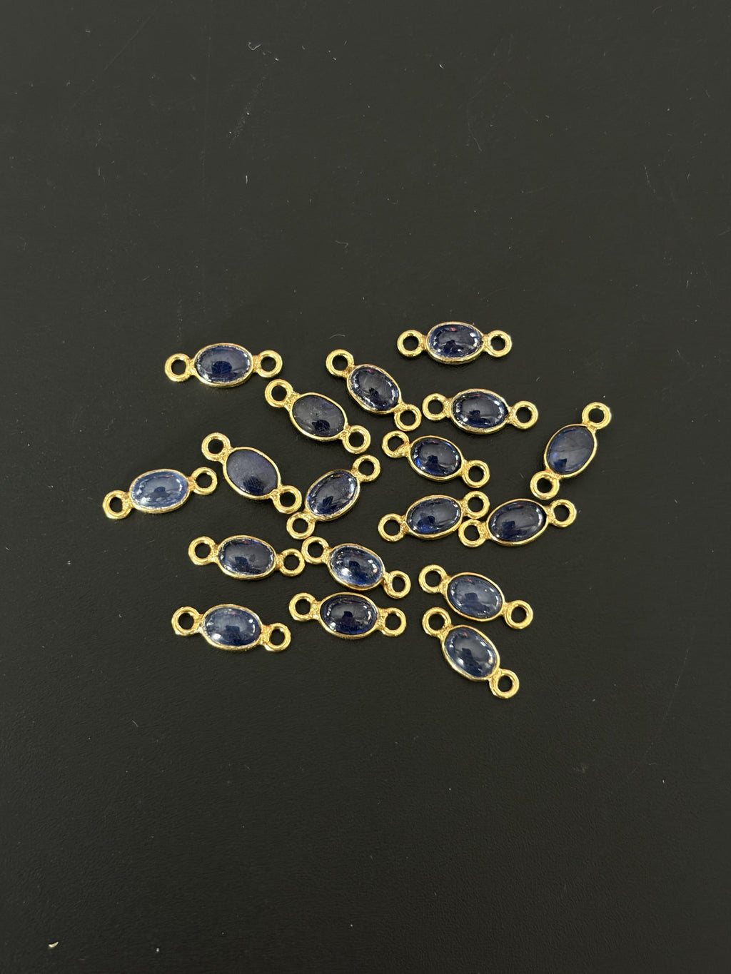 Blue Sapphire 18K Gold Filled Bezel 6x4 mm, Double Connector