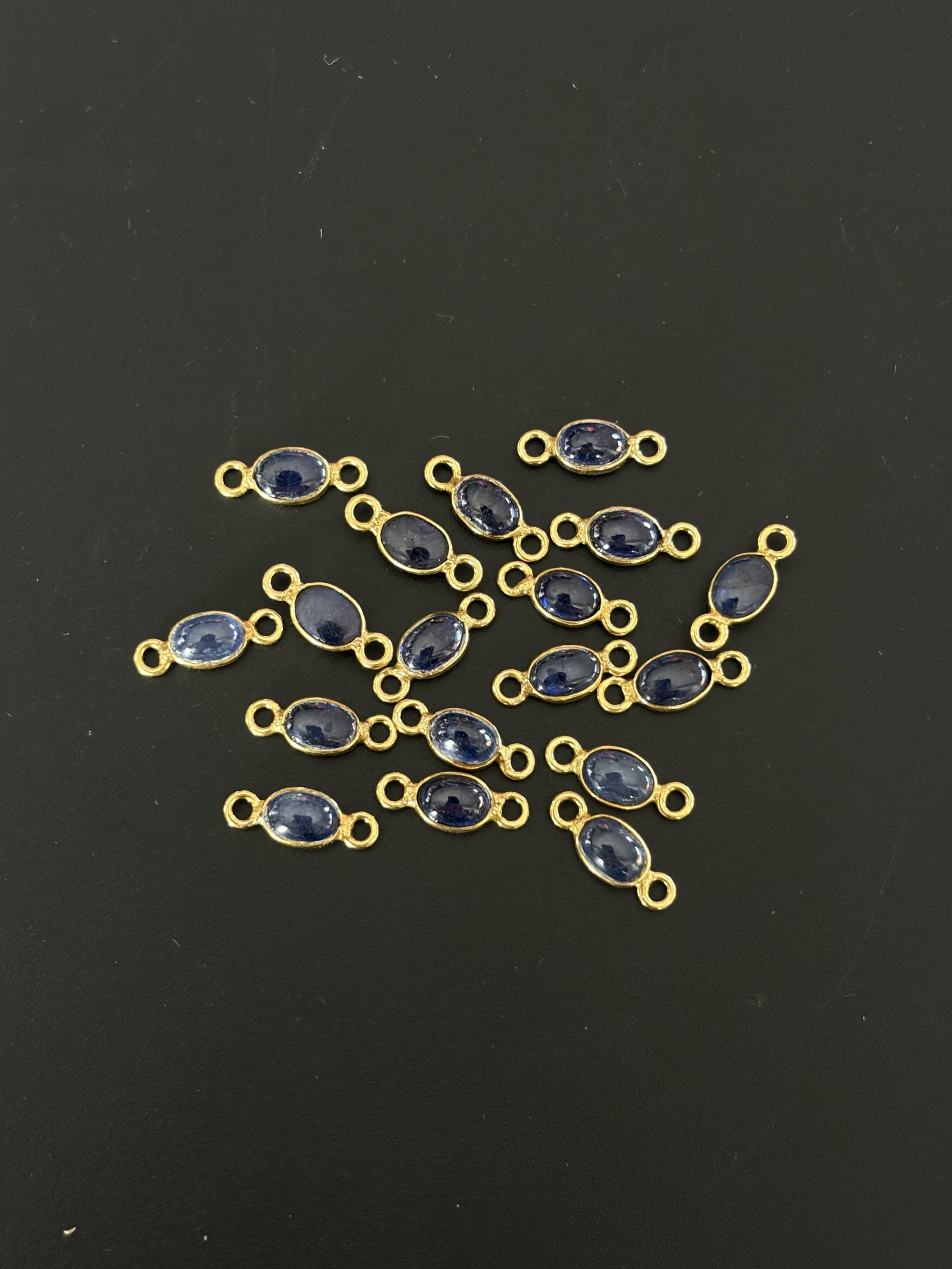 Blue Sapphire 18K Gold Filled Bezel 6x4 mm, Double Connector