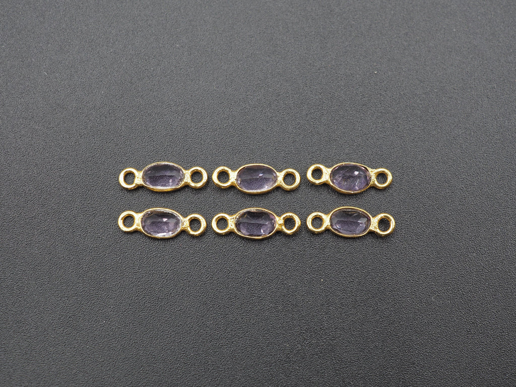 Amethyst 18K Gold Filled Bezel 6x4 mm, Double Connector, Amethyst Charm