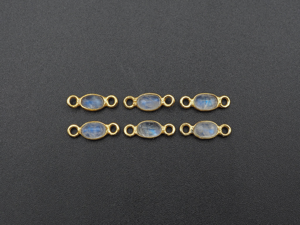 Rainbow Moonstone 18K Gold Filled Bezel 6x4 mm, Double Connector, Rainbow Moonstone Charm