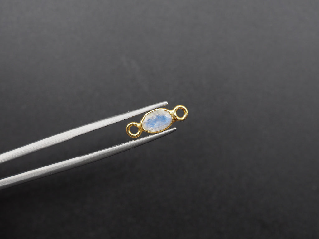 Rainbow Moonstone 18K Gold Filled Bezel 6x4 mm, Double Connector, Rainbow Moonstone Charm