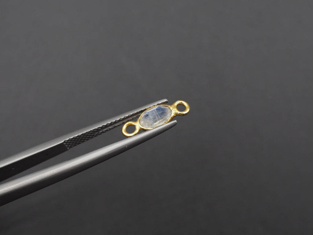Rainbow Moonstone 18K Gold Filled Bezel 6x4 mm, Double Connector, Rainbow Moonstone Charm