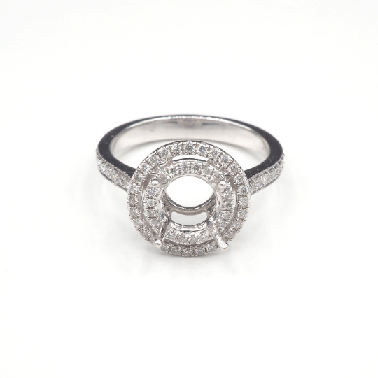 14K  White Gold Ring Round 6.5 mm With White Diamonds , Semi-Mount