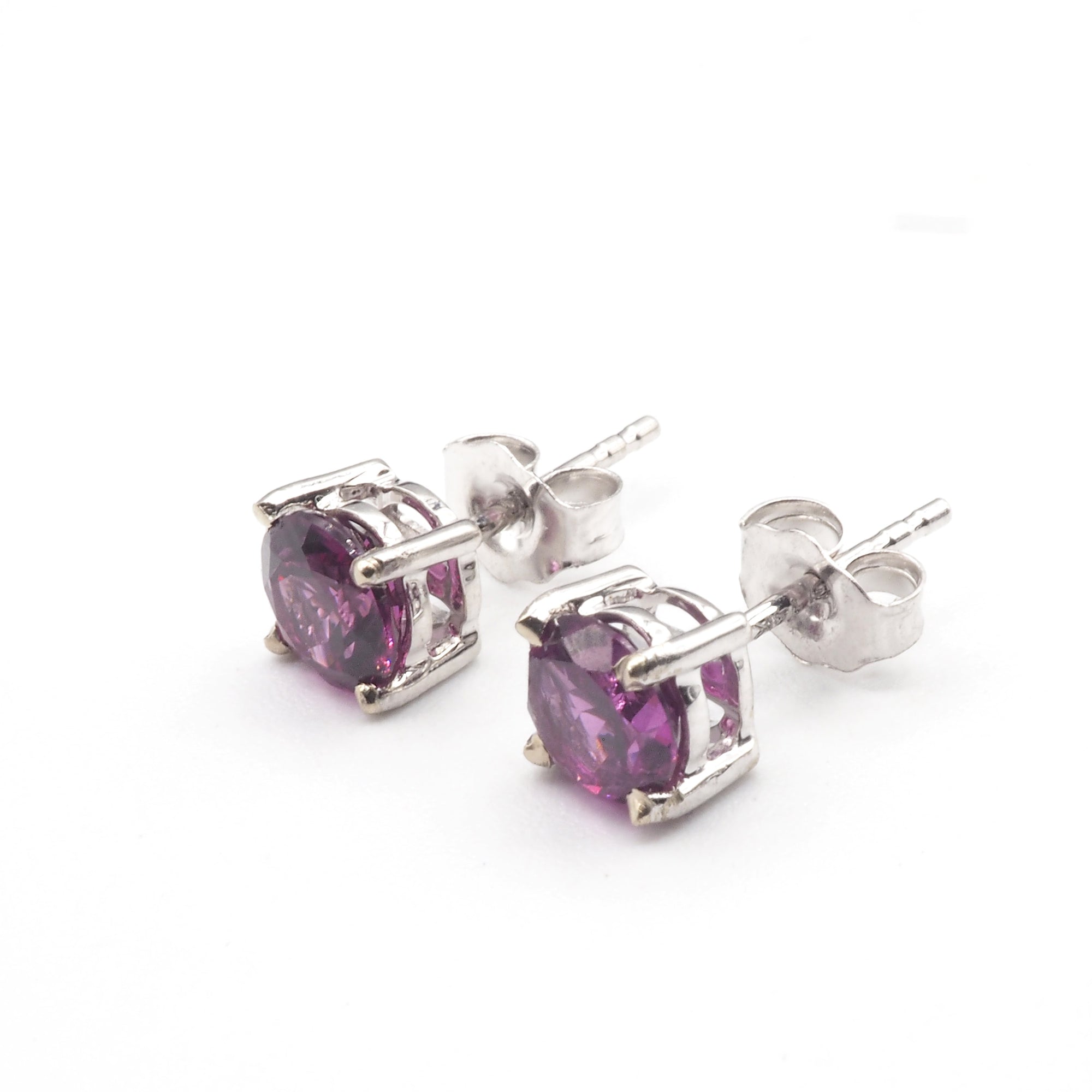 Purple Garnet  Round 5mm Stud Earrings in 14K White Gold