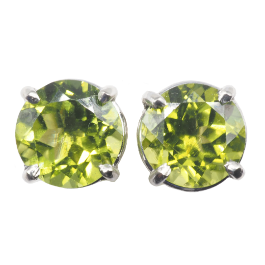 Peridot Round 8 mm Stud Earrings in 14K White Gold, 4.55 Carat