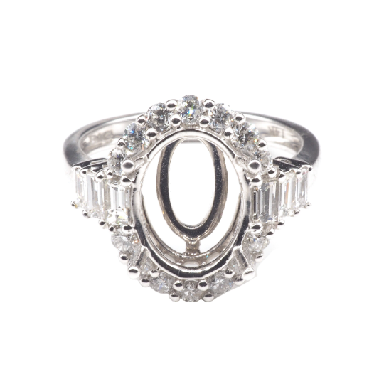 14K White Gold Ring Oval 11 x 8 mm With White Diamonds