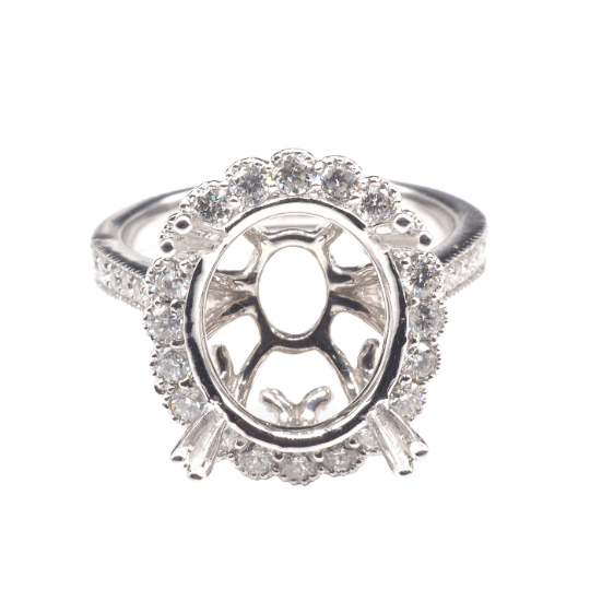 14K White Gold Ring Oval 12 x 10 mm With White Diamonds , Semi-Mount