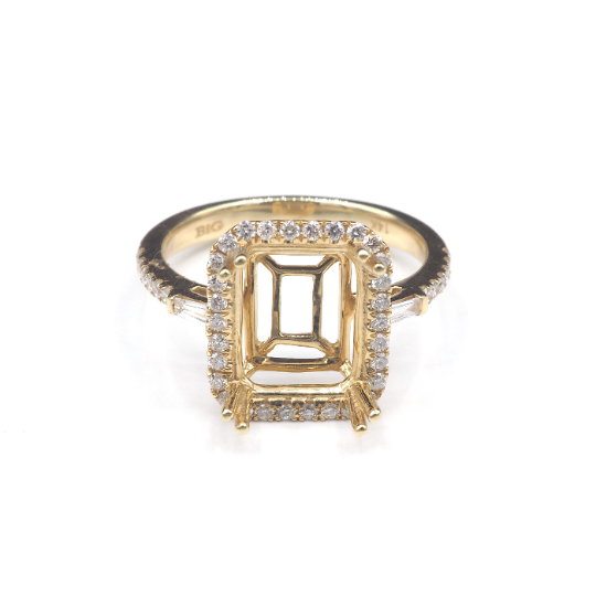 14K Yellow Gold Ring Emerald Cut 10x8 mm With White Diamonds , Semi-Mount