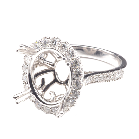 14K White Gold Ring Oval 12 x 10 mm With White Diamonds , Semi-Mount