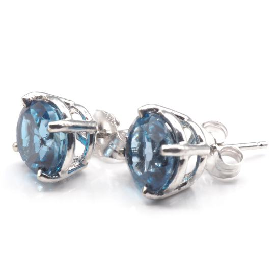 London Blue Topaz Round 7 mm Stud Earrings in 14K White Gold, 3.44 Carat