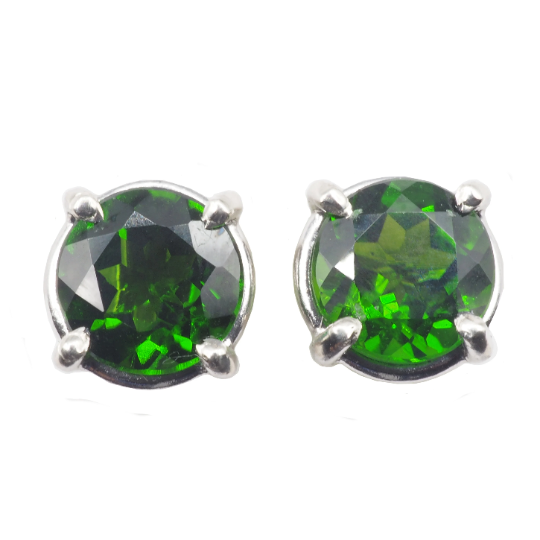 Chrome Diopside Round 6 mm Stud Earrings in 14K White Gold, 1.88 Carat