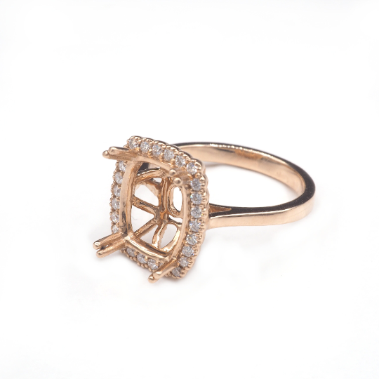 14K  Rose Gold Ring Cushion 11x9 mm With White Diamonds , Semi-Mount