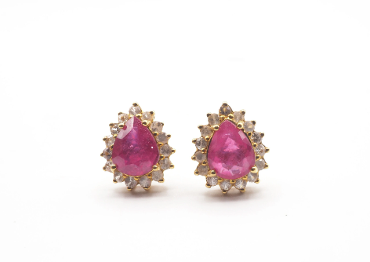 Tear Drop Ruby and White Sapphire  22k Yellow Gold Earring, Women's Jewelry