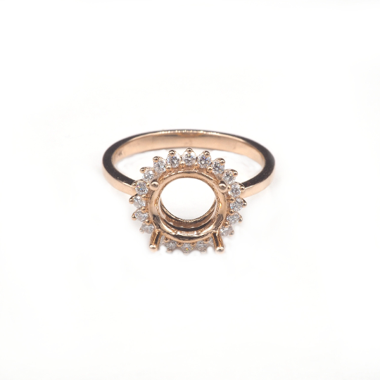 14K Rose Gold Ring Round 8 mm With White Diamonds , Semi-Mount