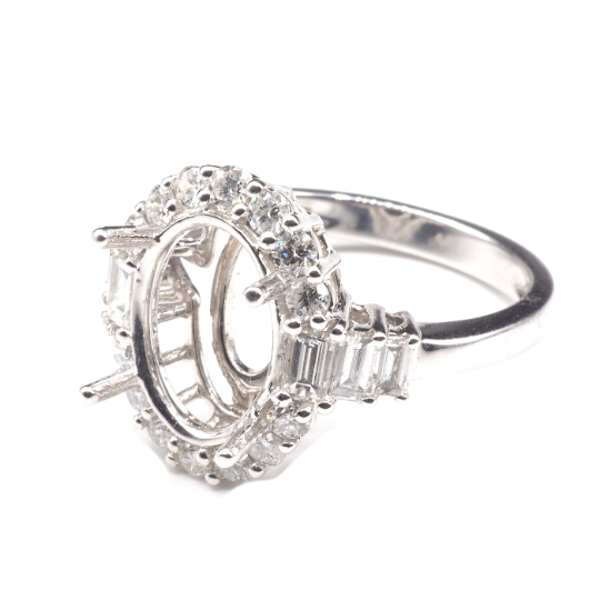 14K White Gold Ring Oval 11 x 8 mm With White Diamonds