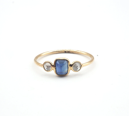 14K Yellow Gold Blue Sapphire with Diamond Ring