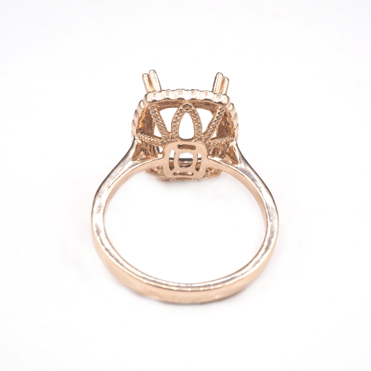 14K  Rose Gold Ring Cushion 11x9 mm With White Diamonds , Semi-Mount