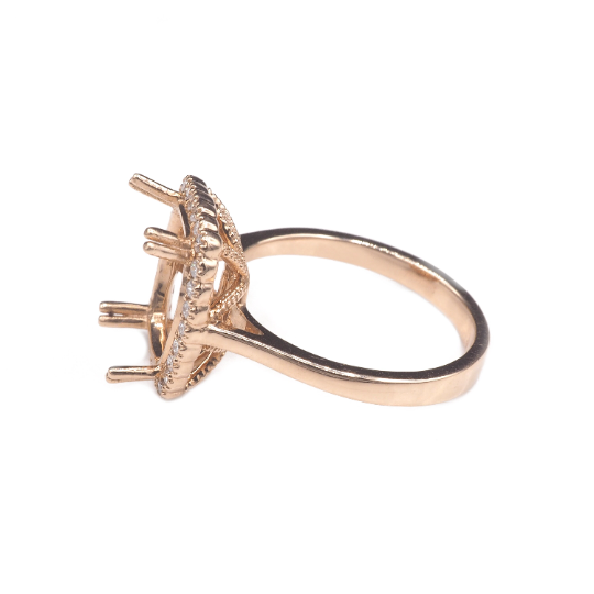 14K  Rose Gold Ring Cushion 11x9 mm With White Diamonds , Semi-Mount