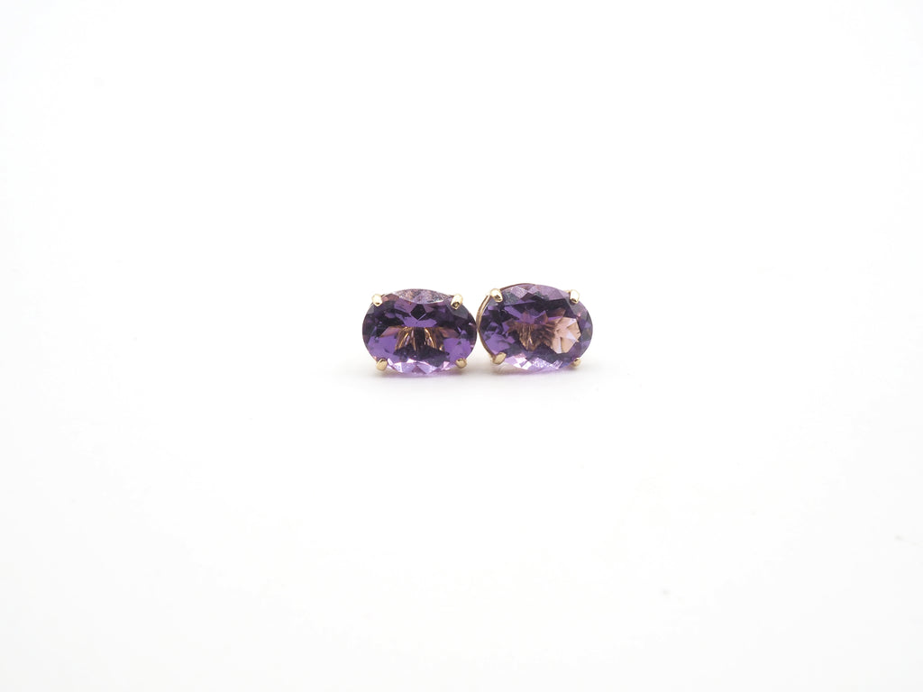 14K Yellow Gold Oval Amethyst Stud, Amethyst Stud/Earring