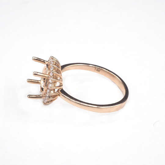 14K Rose Gold Ring Round 8 mm With White Diamonds , Semi-Mount