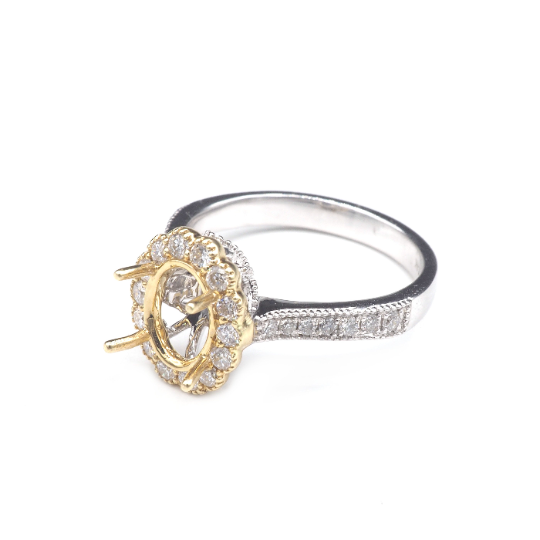 14K  White/Yellow Gold Ring Oval 8x6 mm With White Diamonds , Semi-Mount