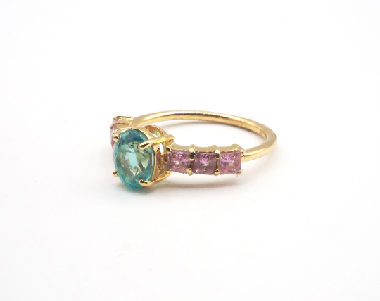 18K Yellow Gold Apatite and  Pink Sapphire Ring