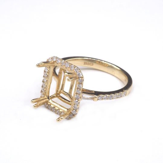 14K Yellow Gold Ring Emerald Cut 10x8 mm With White Diamonds , Semi-Mount