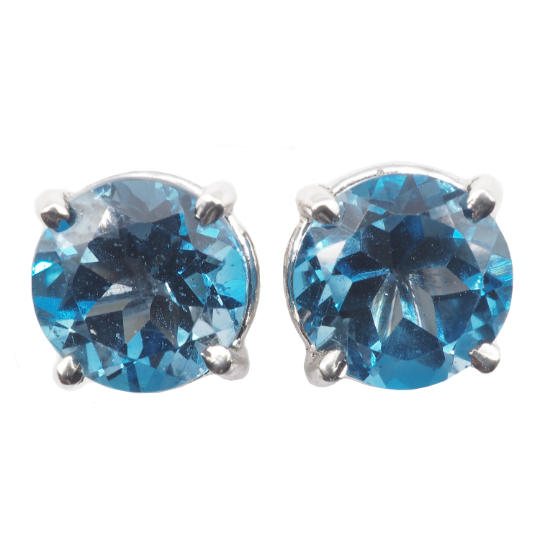 London Blue Topaz Round 7 mm Stud Earrings in 14K White Gold, 3.44 Carat