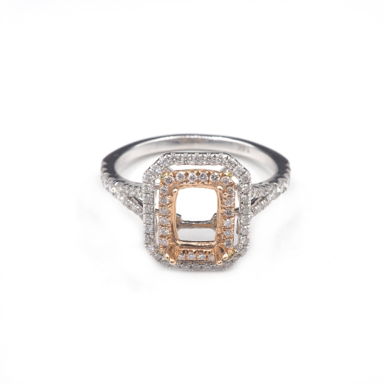 14K  White/Rose Gold Halo Ring Emerald Cut 7x5mm With White Diamonds , Semi-Mount