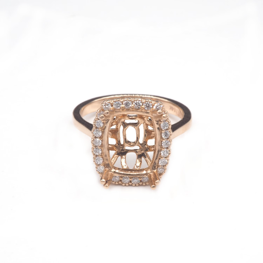14K  Rose Gold Ring Cushion 11x9 mm With White Diamonds , Semi-Mount