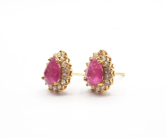 Tear Drop Ruby and White Sapphire  22k Yellow Gold Earring, Women's Jewelry