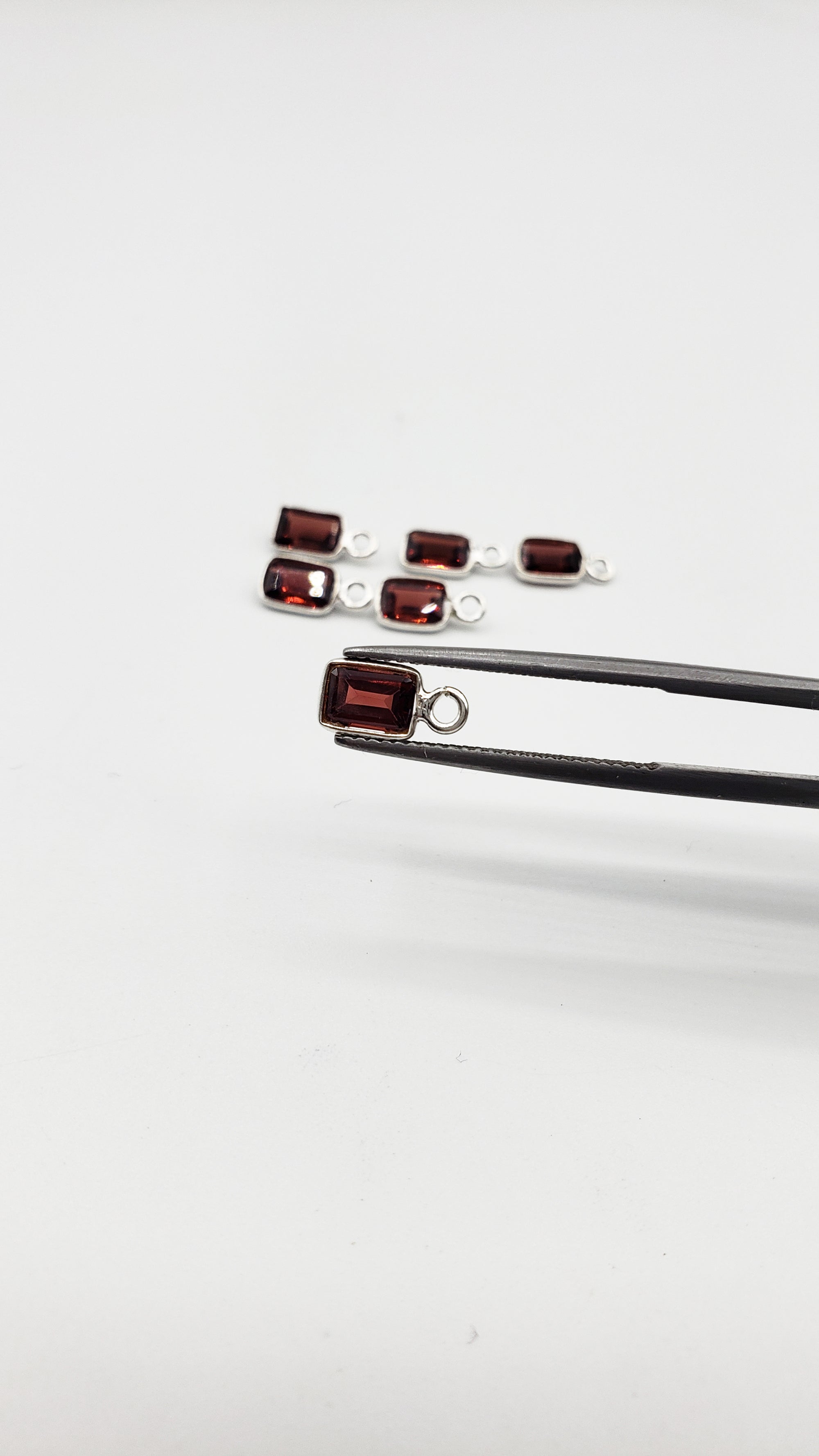 Garnet Bezel  Rectangle 6x4mm , Single Connector, Garnet Bezel, Garnet Charm, 925 Sterling Silver
