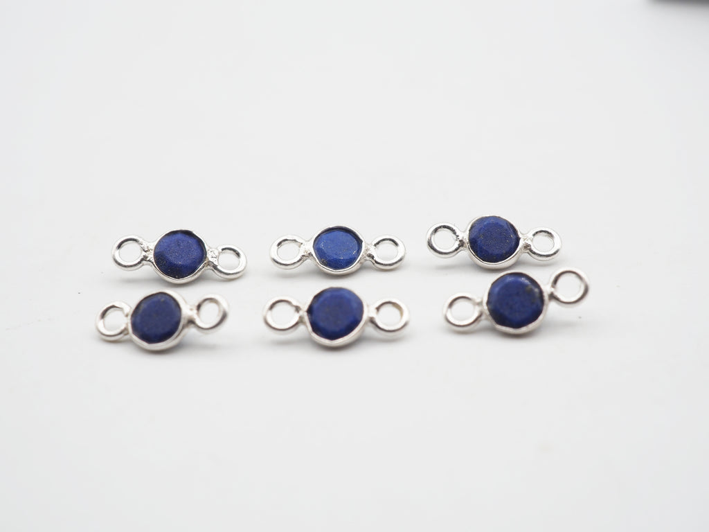 Lapis Silver Bezel 4mm , Double  Connector, 925 Sterling Silver