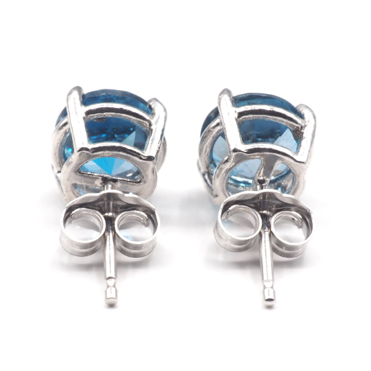 London Blue Topaz Round 7 mm Stud Earrings in 14K White Gold, 3.44 Carat