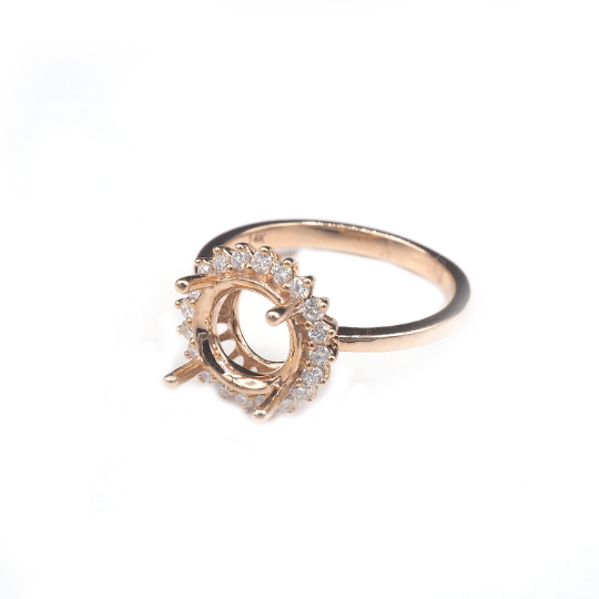 14K Rose Gold Ring Round 8 mm With White Diamonds , Semi-Mount
