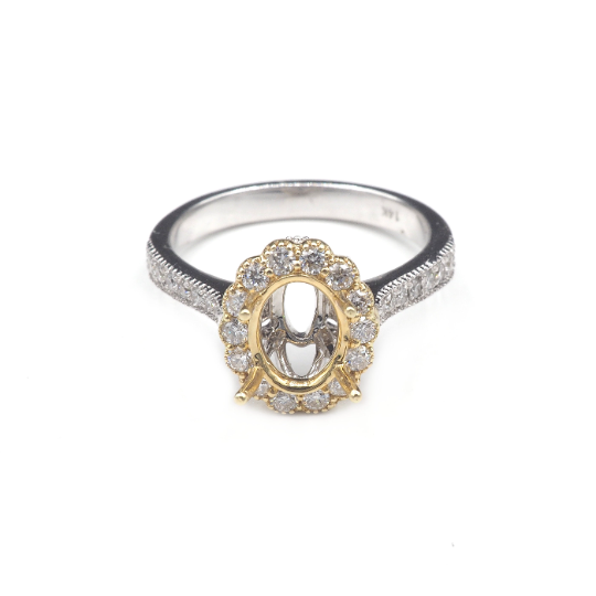 14K  White/Yellow Gold Ring Oval 8x6 mm With White Diamonds , Semi-Mount