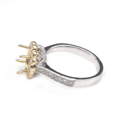 14K  White/Yellow Gold Ring Oval 8x6 mm With White Diamonds , Semi-Mount