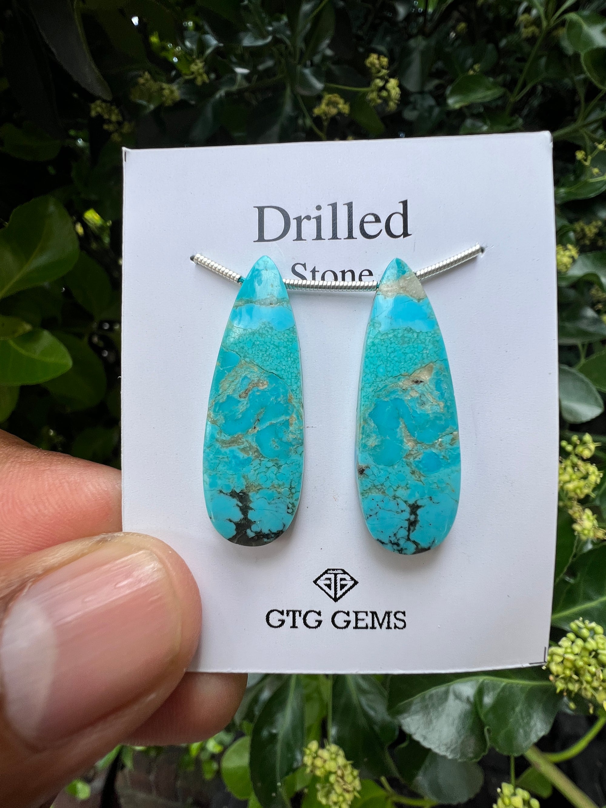 Drilled American Turquoise, Cabochon Matching Pair 33x11mm,  Approximately 20.50 Carat (GTG-DAT-1)